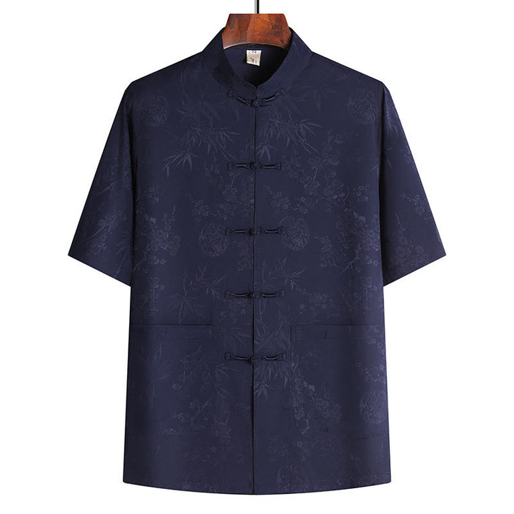 Buddha Stones石竹桃の花唐装漢服伝統制服半袖トップスパンツ衣類メンズセット - ネイビーブルーのトップス - US/UK/AU42、 EU52 (3XL) - image 7