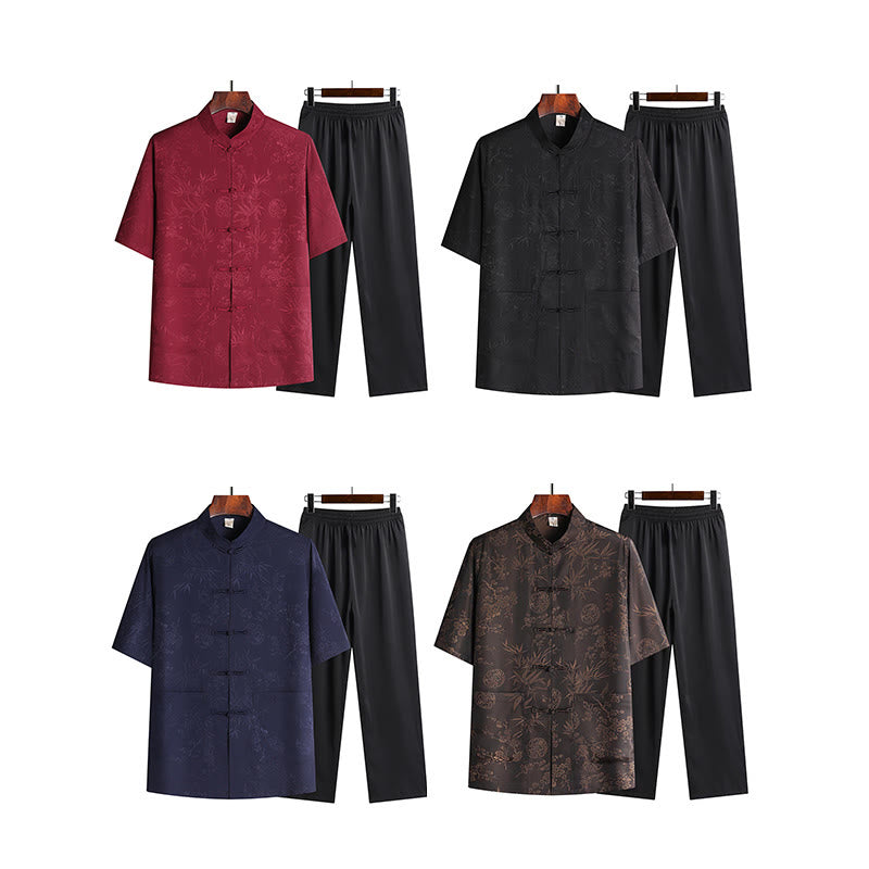 Buddha Stones石竹桃の花唐装漢服伝統制服半袖トップスパンツ衣類メンズセット - image 13