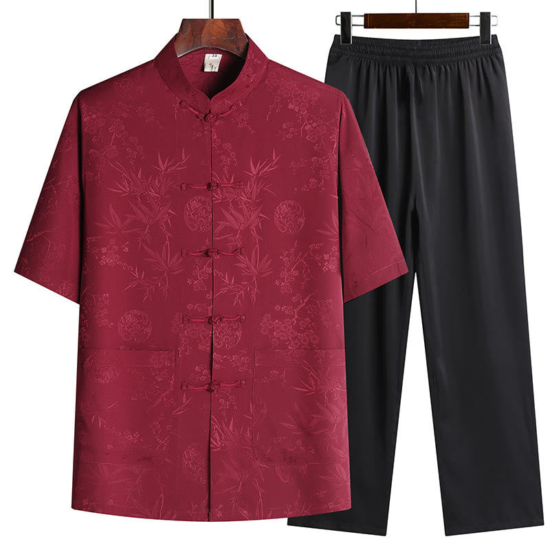 Buddha Stones石竹桃の花唐装漢服伝統制服半袖トップスパンツ衣類メンズセット - 赤（トップス＆パンツ） - US/UK/AU42、 EU52 (3XL) - image 1