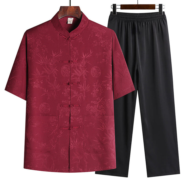 Buddha Stones石竹桃の花唐装漢服伝統制服半袖トップスパンツ衣類メンズセット - 赤（トップス＆パンツ） - US/UK/AU42、 EU52 (3XL) - image 1