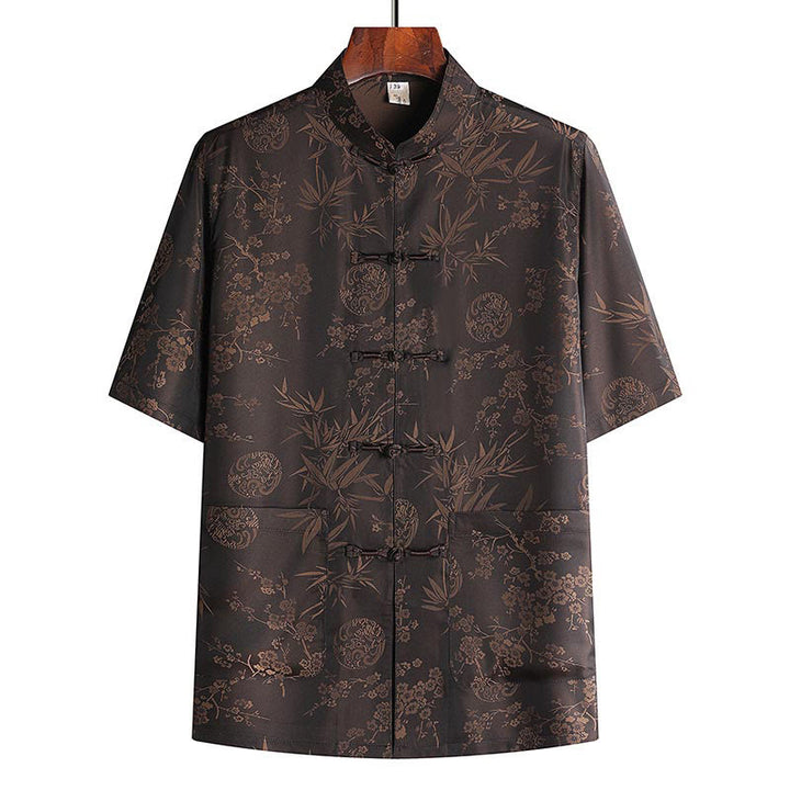 Buddha Stones石竹桃の花唐装漢服伝統制服半袖トップスパンツ衣類メンズセット - ブラウントップ - US/UK/AU42、 EU52 (3XL) - image 5