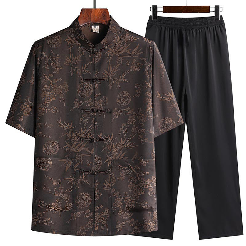 Buddha Stones石竹桃の花唐装漢服伝統制服半袖トップスパンツ衣類メンズセット - ブラウン（トップス＆パンツ） - US/UK/AU42、 EU52 (3XL) - image 0