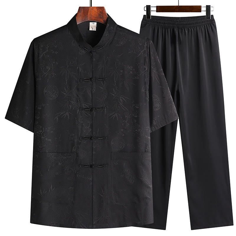 Buddha Stones石竹桃の花唐装漢服伝統制服半袖トップスパンツ衣類メンズセット - 黒（トップス＆パンツ） - US/UK/AU42、 EU52 (3XL) - image 2