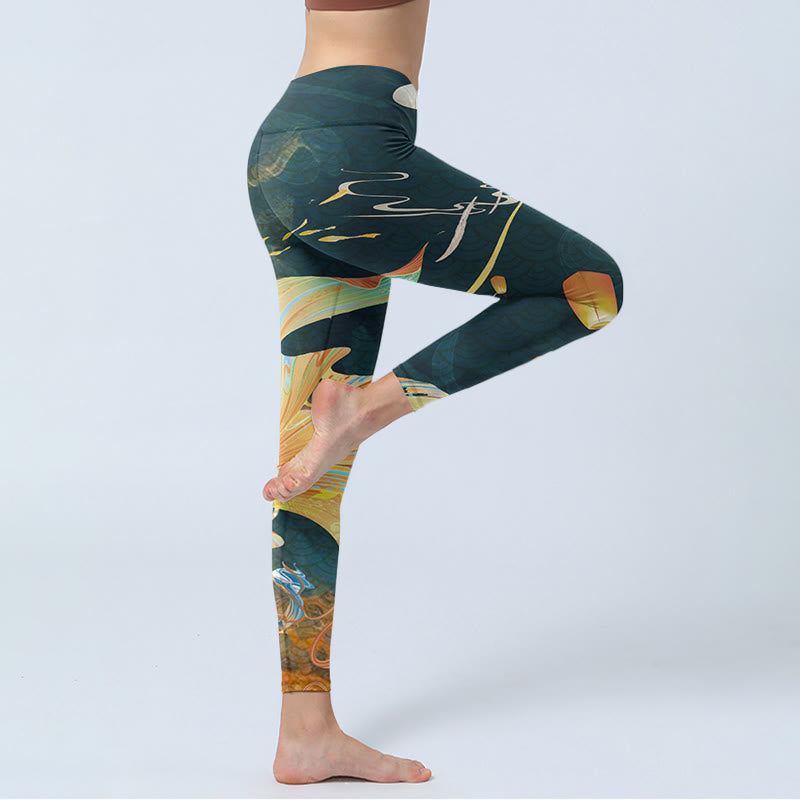 Buddha Stonesダークスレートグレー ダブル鯉 スカイランタンタワー エクササイズレギンス レディース ヨガパンツ - image 3