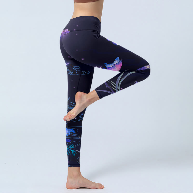 Buddha Stonesミッドナイトブルー フラワー パープル バタフライ エクササイズ レギンス レディース ヨガパンツ - image 3