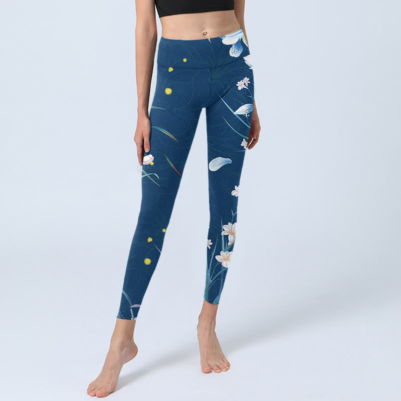 Buddha Stonesスチールブルー 小さな白い花と蝶のエクササイズレギンス レディース ヨガパンツ - image 5