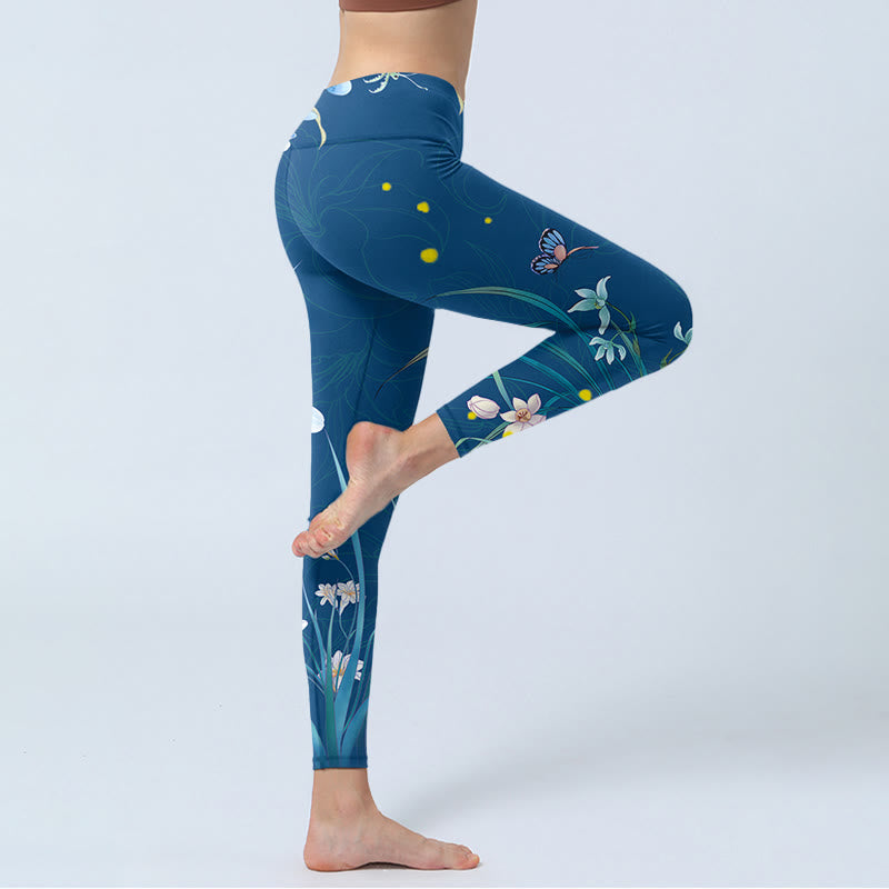 Buddha Stonesスチールブルー 小さな白い花と蝶のエクササイズレギンス レディース ヨガパンツ - image 3
