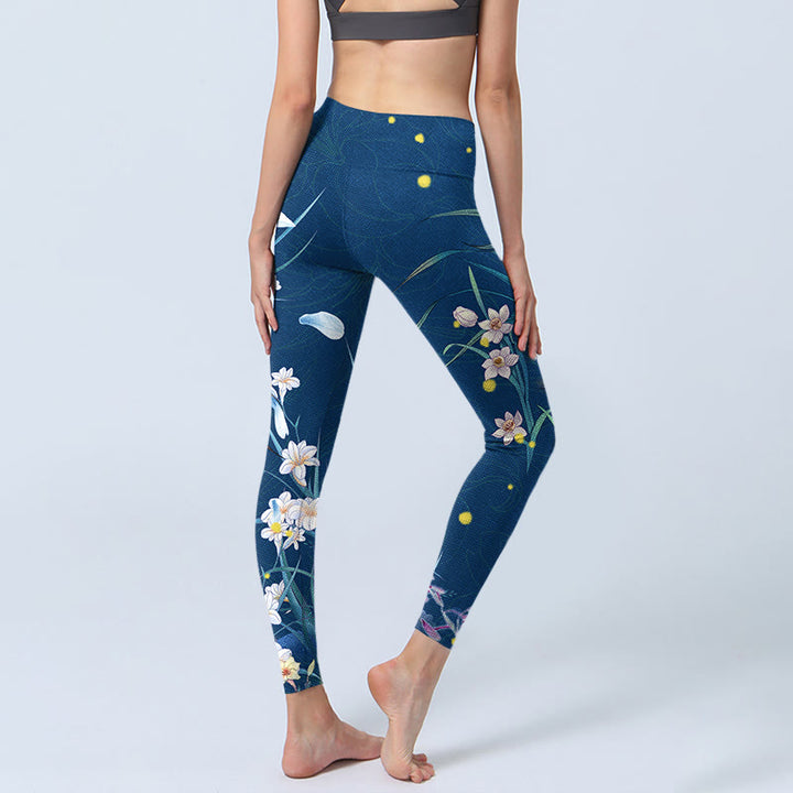 Buddha Stonesスチールブルー 小さな白い花と蝶のエクササイズレギンス レディース ヨガパンツ - image 4