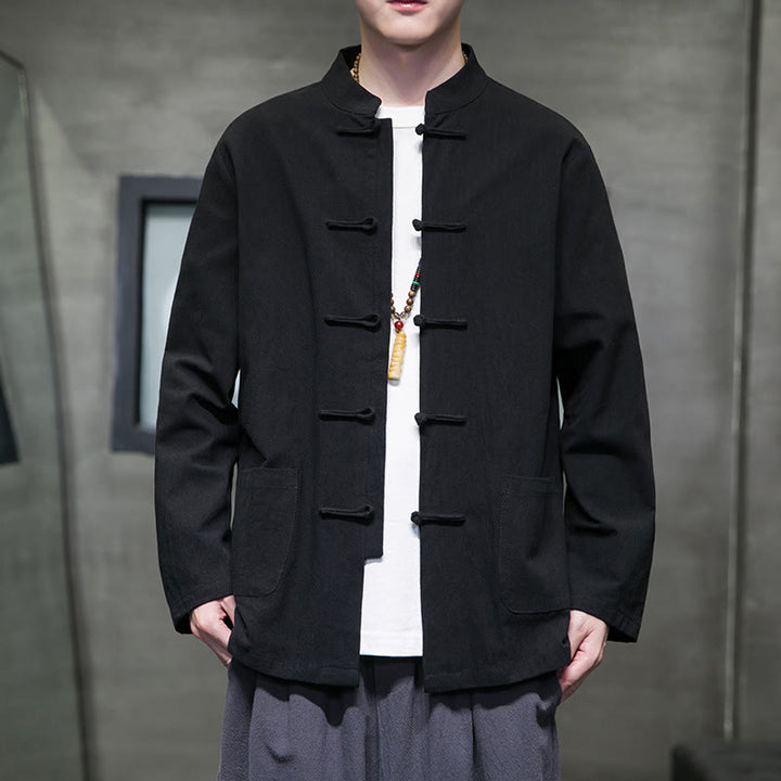 Buddha Stonesのシンプルなカエルボタンの中国唐装コットンメンズジャケットシャツ（ポケット付き） - 黒 - US/UK/AU46、 EU56 (5XL) - image 44
