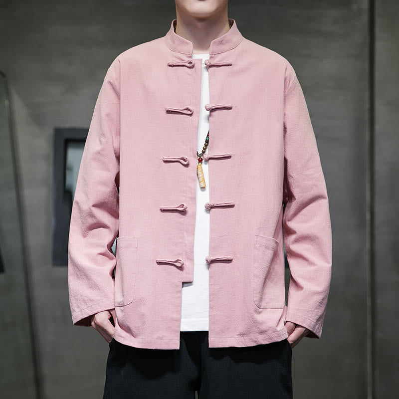 Buddha Stonesのシンプルなカエルボタンの中国唐装コットンメンズジャケットシャツ（ポケット付き） - ピンク - US/UK/AU46、 EU56 (5XL) - image 30