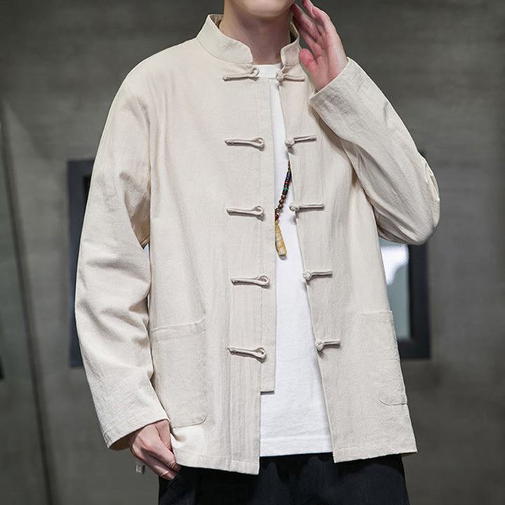 Buddha Stonesのシンプルなカエルボタンの中国唐装コットンメンズジャケットシャツ（ポケット付き） - image 6