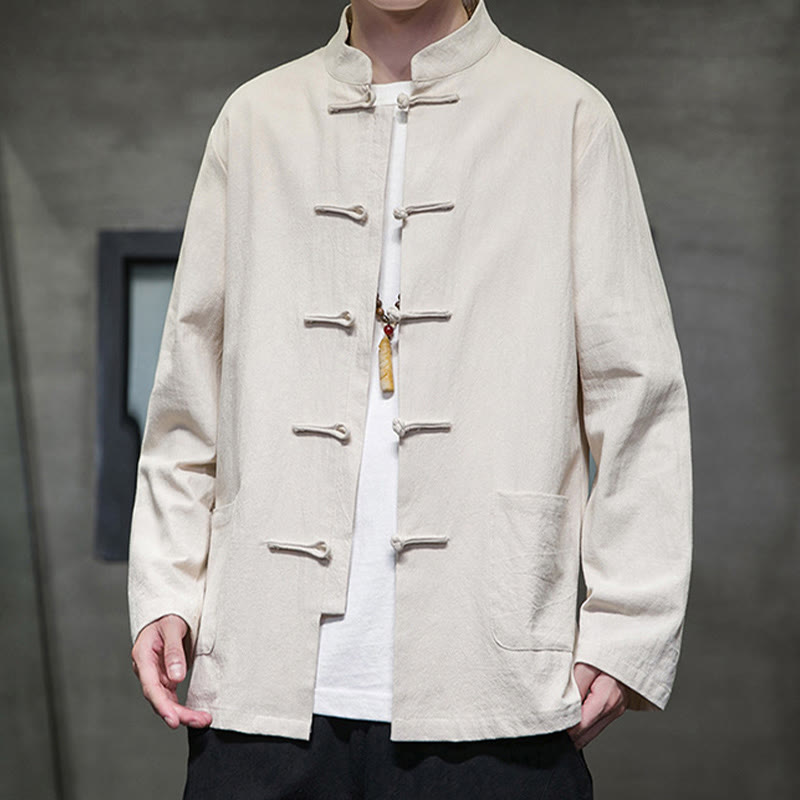 Buddha Stonesのシンプルなカエルボタンの中国唐装コットンメンズジャケットシャツ（ポケット付き） - image 10