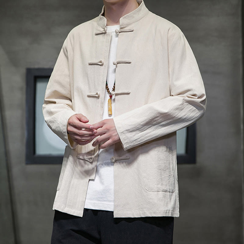 Buddha Stonesのシンプルなカエルボタンの中国唐装コットンメンズジャケットシャツ（ポケット付き） - image 9