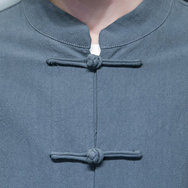 Buddha Stonesのシンプルなカエルボタンの中国唐装コットンメンズジャケットシャツ（ポケット付き） - image 21