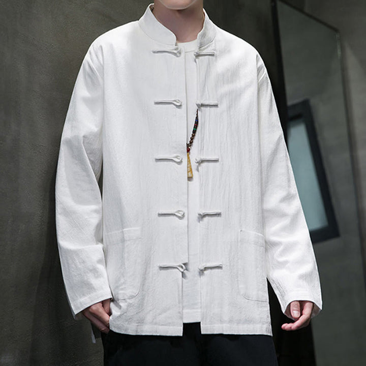 Buddha Stonesのシンプルなカエルボタンの中国唐装コットンメンズジャケットシャツ（ポケット付き） - image 4