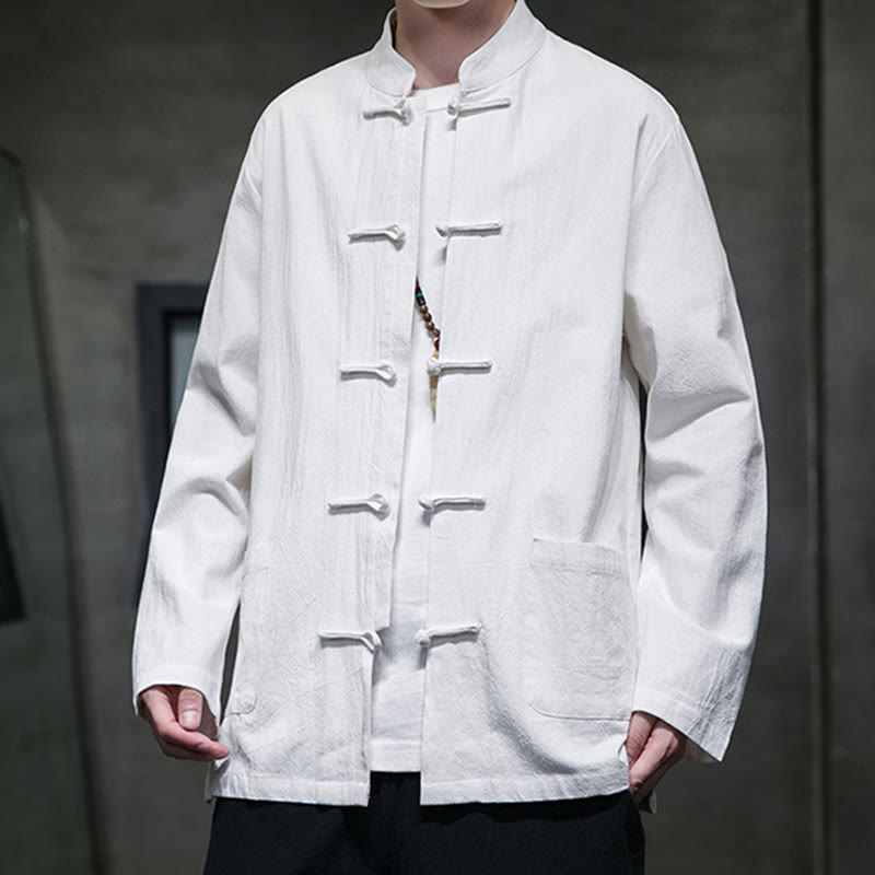 Buddha Stonesのシンプルなカエルボタンの中国唐装コットンメンズジャケットシャツ（ポケット付き） - image 1