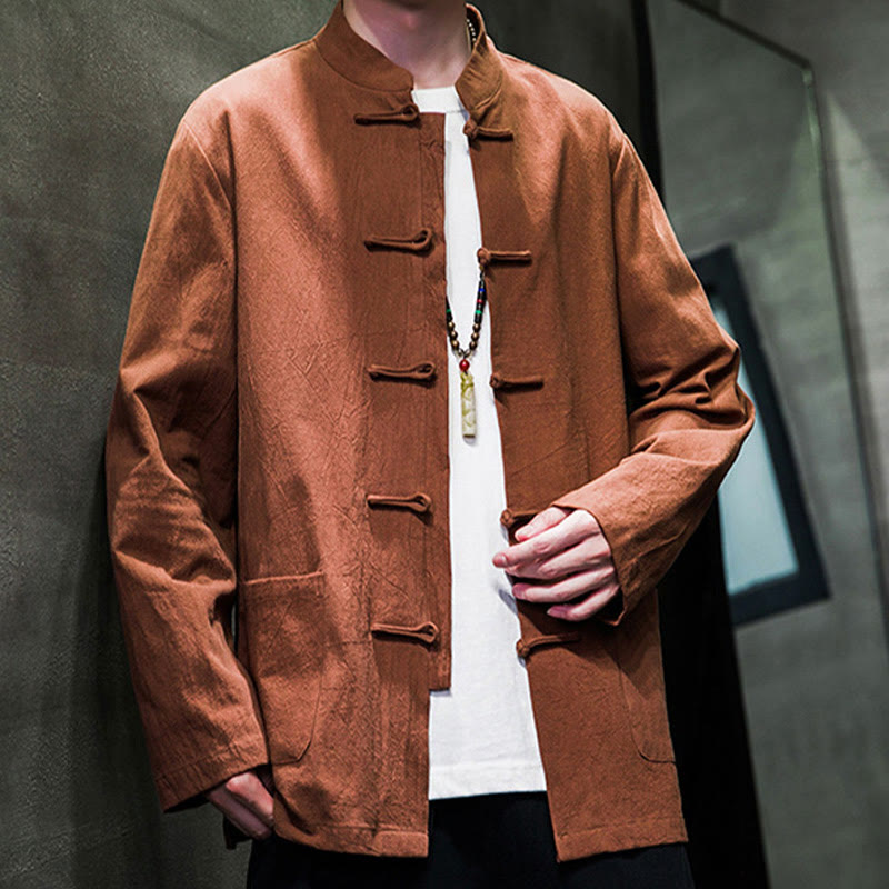 Buddha Stonesのシンプルなカエルボタンの中国唐装コットンメンズジャケットシャツ（ポケット付き） - image 27