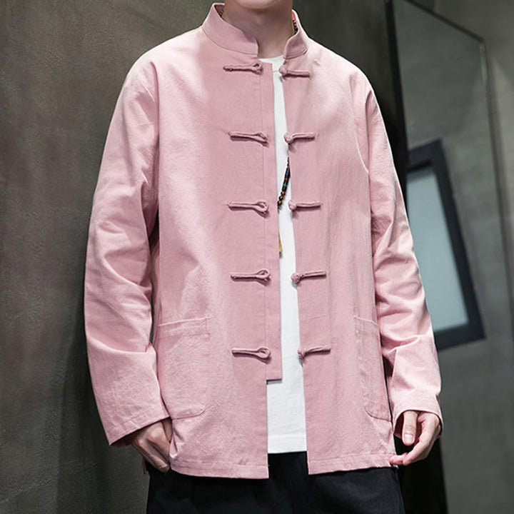 Buddha Stonesのシンプルなカエルボタンの中国唐装コットンメンズジャケットシャツ（ポケット付き） - image 31