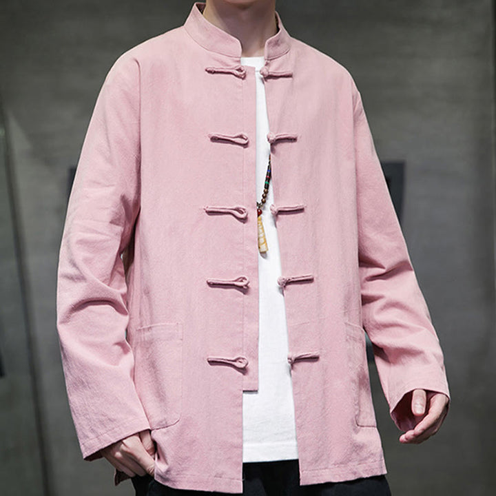 Buddha Stonesのシンプルなカエルボタンの中国唐装コットンメンズジャケットシャツ（ポケット付き） - image 33