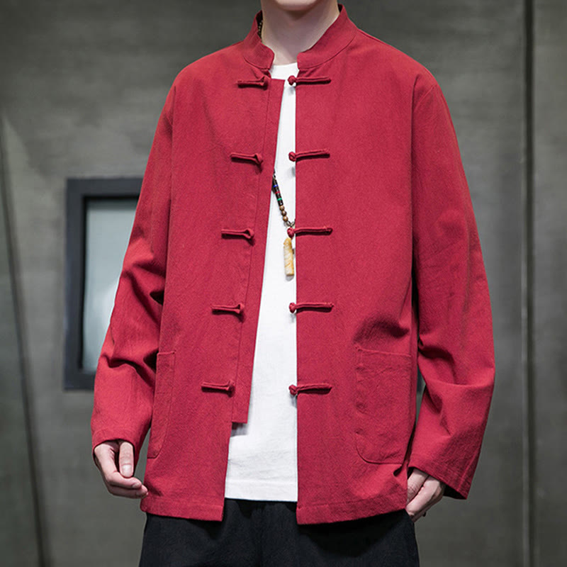 Buddha Stonesのシンプルなカエルボタンの中国唐装コットンメンズジャケットシャツ（ポケット付き） - image 37