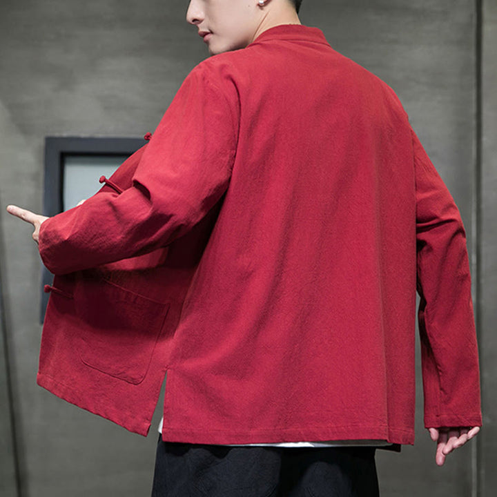 Buddha Stonesのシンプルなカエルボタンの中国唐装コットンメンズジャケットシャツ（ポケット付き） - image 38