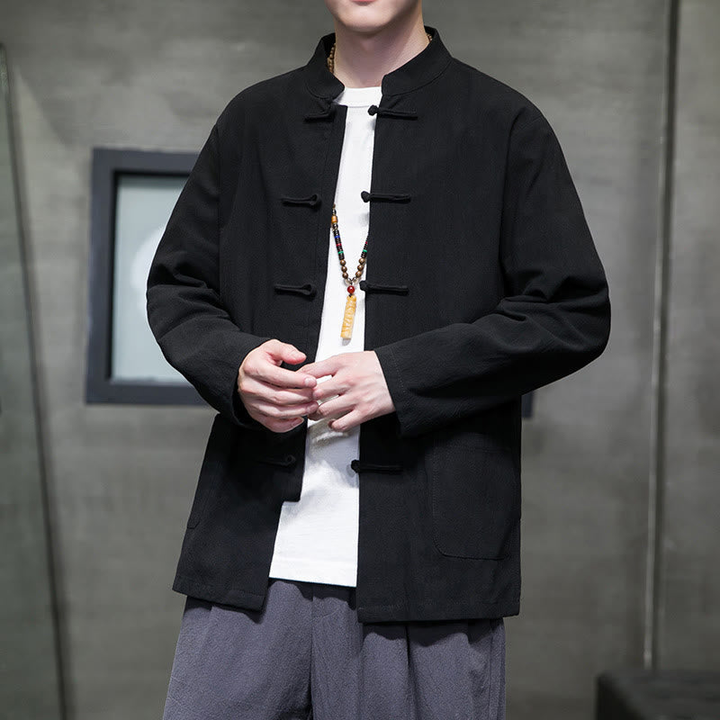 Buddha Stonesのシンプルなカエルボタンの中国唐装コットンメンズジャケットシャツ（ポケット付き） - image 48