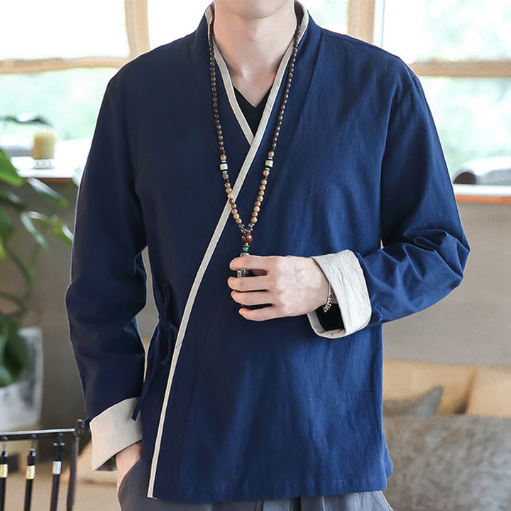 Buddha Stones秋カラーブロック 長袖シャツ リネン レースアップ メンズ