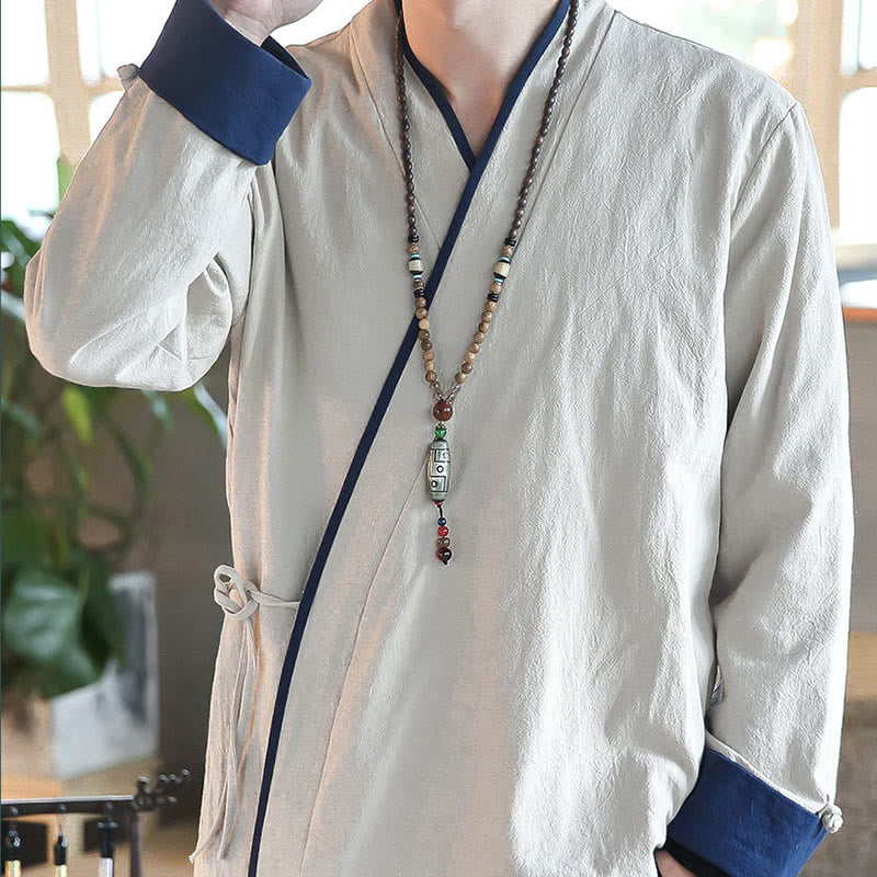 Buddha Stones秋カラーブロック 長袖シャツ リネン レースアップ メンズ - image 11