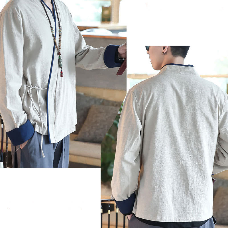 Buddha Stones秋カラーブロック 長袖シャツ リネン レースアップ メンズ - image 16