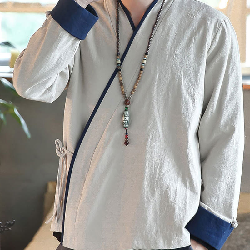 Buddha Stones秋カラーブロック 長袖シャツ リネン レースアップ メンズ - image 15