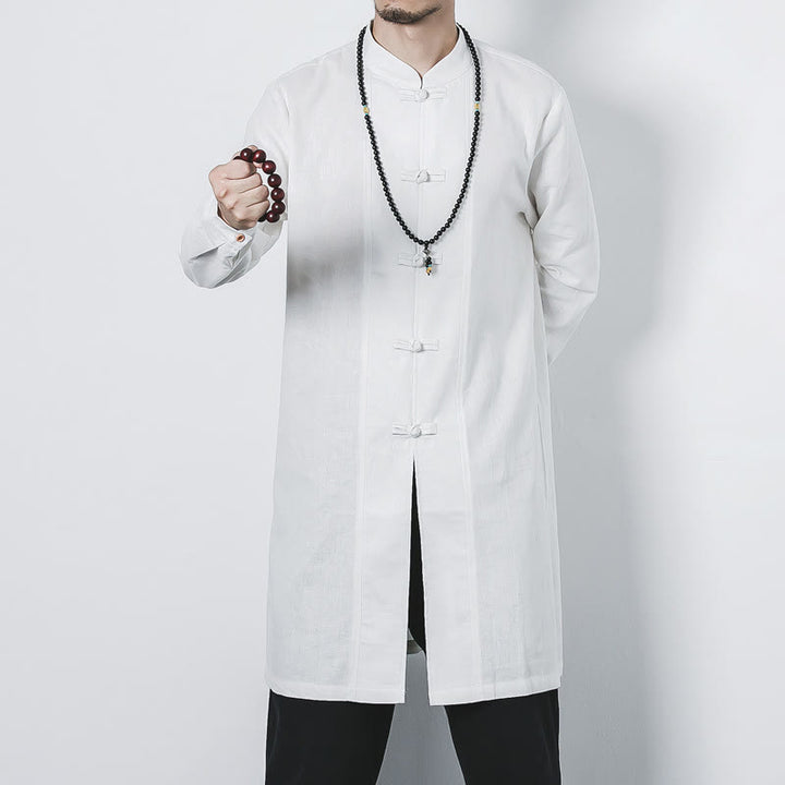 Buddha Stones秋 シンプル カエルボタン リネン メンズ ミドル丈コート 禅服 - 白 - US/UK/AU46、 EU56 (5XL) - image 14
