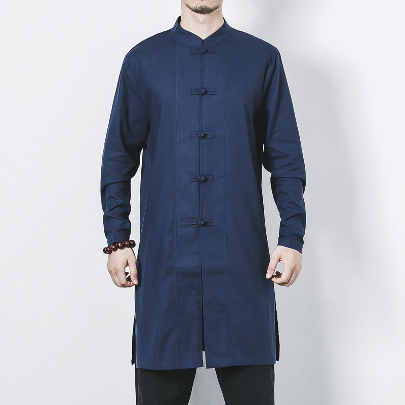 Buddha Stones秋 シンプル カエルボタン リネン メンズ ミドル丈コート 禅服 - image 1