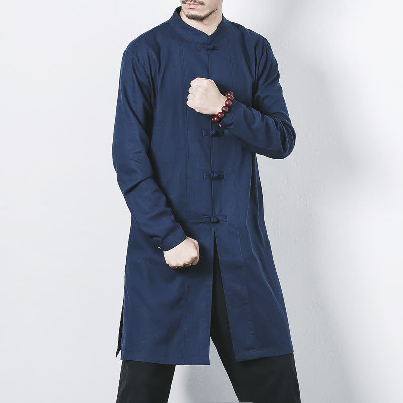 Buddha Stones秋 シンプル カエルボタン リネン メンズ ミドル丈コート 禅服 - スチールブルー - US/UK/AU46、 EU56 (5XL) - image 0
