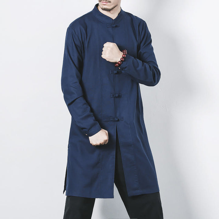 Buddha Stones秋 シンプル カエルボタン リネン メンズ ミドル丈コート 禅服 - スチールブルー - US/UK/AU46、 EU56 (5XL) - image 0