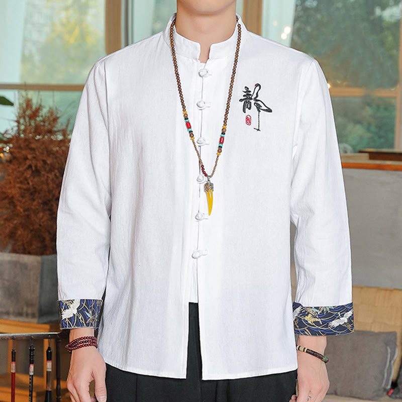 Buddha Stones秋 無地 長袖 カエルボタンシャツ リネン メンズ 禅服 - 白 - US/UK/AU46、 EU56 (5XL) - image 0