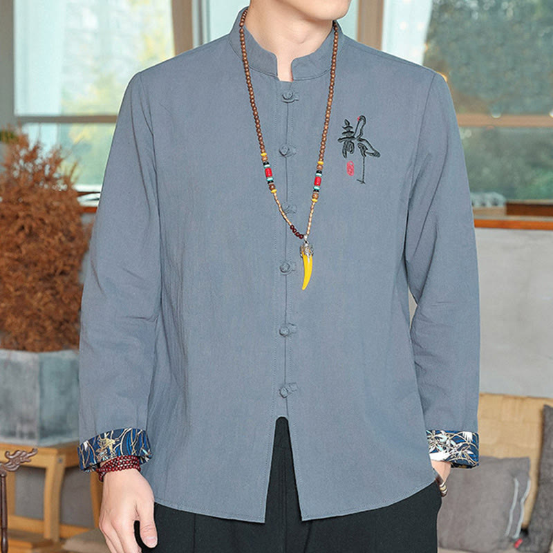 Buddha Stones秋 無地 長袖 カエルボタンシャツ リネン メンズ 禅服 - パウダーブルー - US/UK/AU46、 EU56 (5XL) - image 10