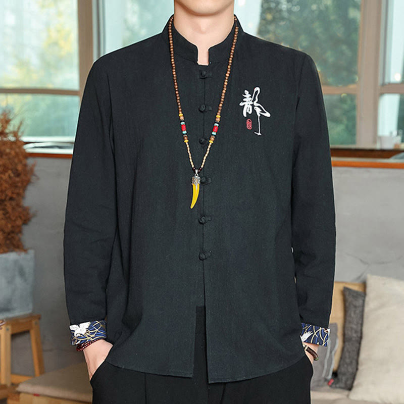 Buddha Stones秋 無地 長袖 カエルボタンシャツ リネン メンズ 禅服 - 黒 - US/UK/AU46、 EU56 (5XL) - image 15