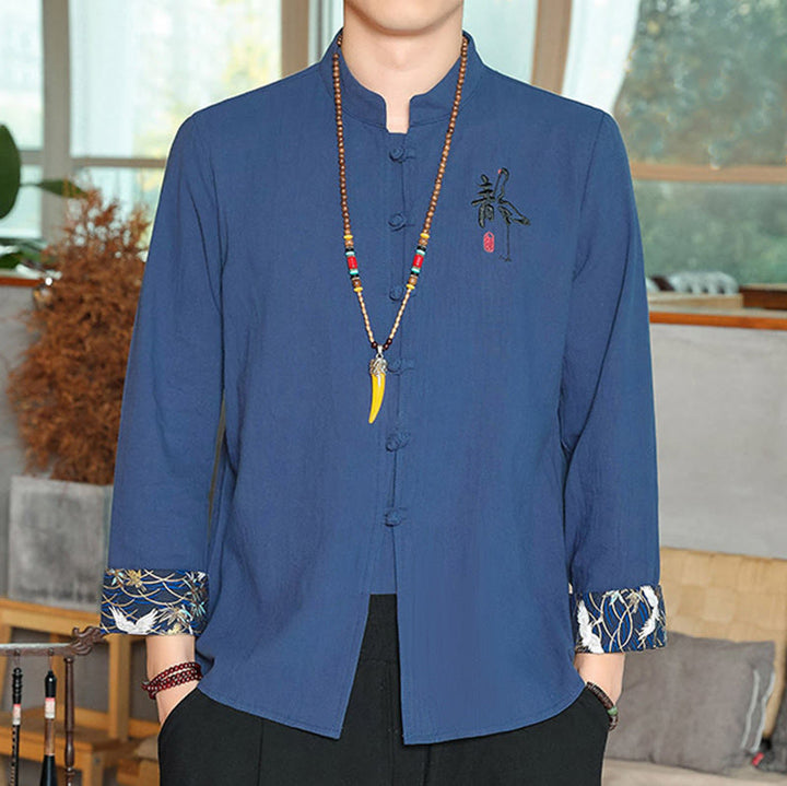 Buddha Stones秋 無地 長袖 カエルボタンシャツ リネン メンズ 禅服 - スチールブルー - US/UK/AU46、 EU56 (5XL) - image 21