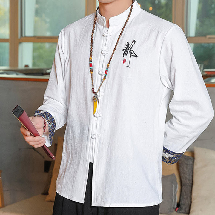 Buddha Stones秋 無地 長袖 カエルボタンシャツ リネン メンズ 禅服 - image 3
