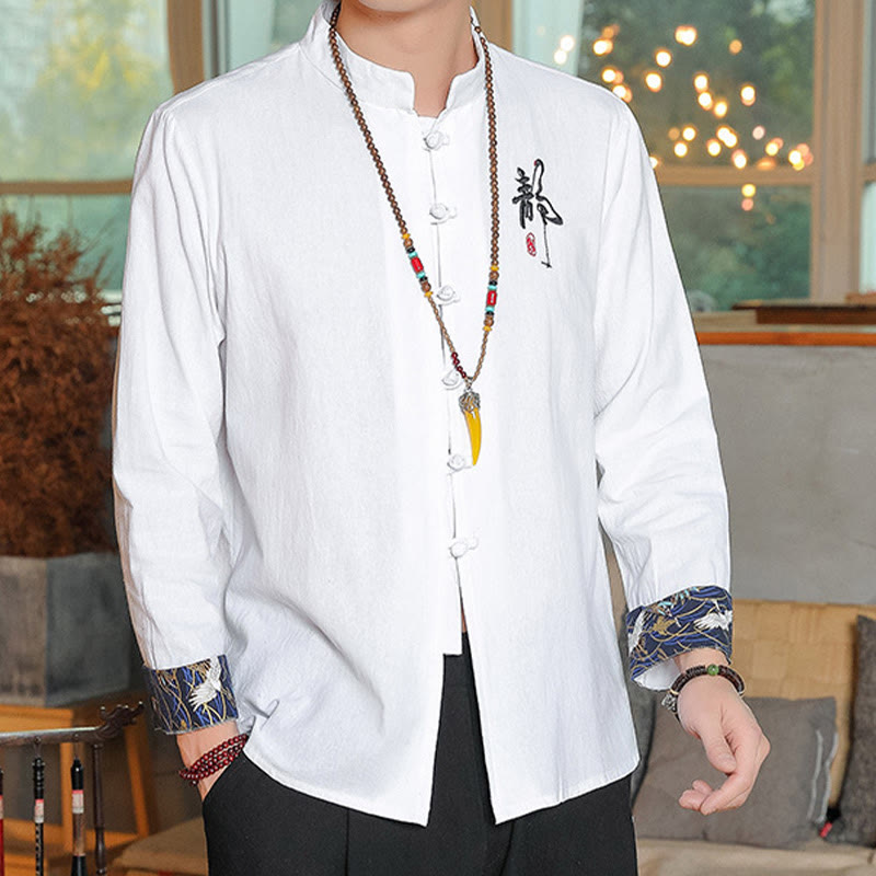 Buddha Stones秋 無地 長袖 カエルボタンシャツ リネン メンズ 禅服 - image 1