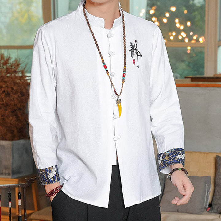 Buddha Stones秋 無地 長袖 カエルボタンシャツ リネン メンズ 禅服 - image 1