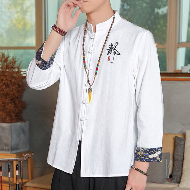 Buddha Stones秋 無地 長袖 カエルボタンシャツ リネン メンズ 禅服 - image 4