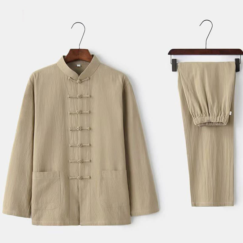 Buddha Stones2点セット 唐装 伝統的な蛙ボタン制服 長袖シャツ パンツ メンズセット - ベージュ - US/UK/AU44、EU54（5XL） - image 0
