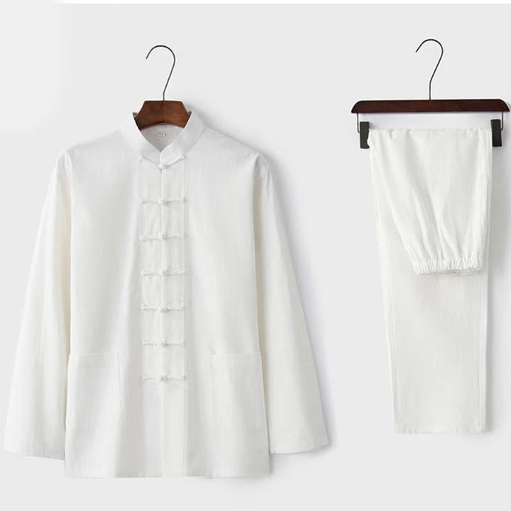 Buddha Stones 2点セット 唐装 伝統 カエルボタン ユニフォーム 長袖 シャツ パンツ メンズ セット - 白 - US/UK/AU44、EU54 (5XL) - image 1