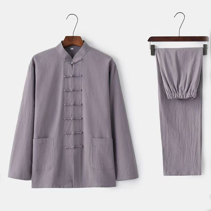 Buddha Stones 2点セット 唐装 伝統 カエルボタン ユニフォーム 長袖 シャツ パンツ メンズ セット - ゲインズボロ - US/UK/AU44、EU54 (5XL) - image 2