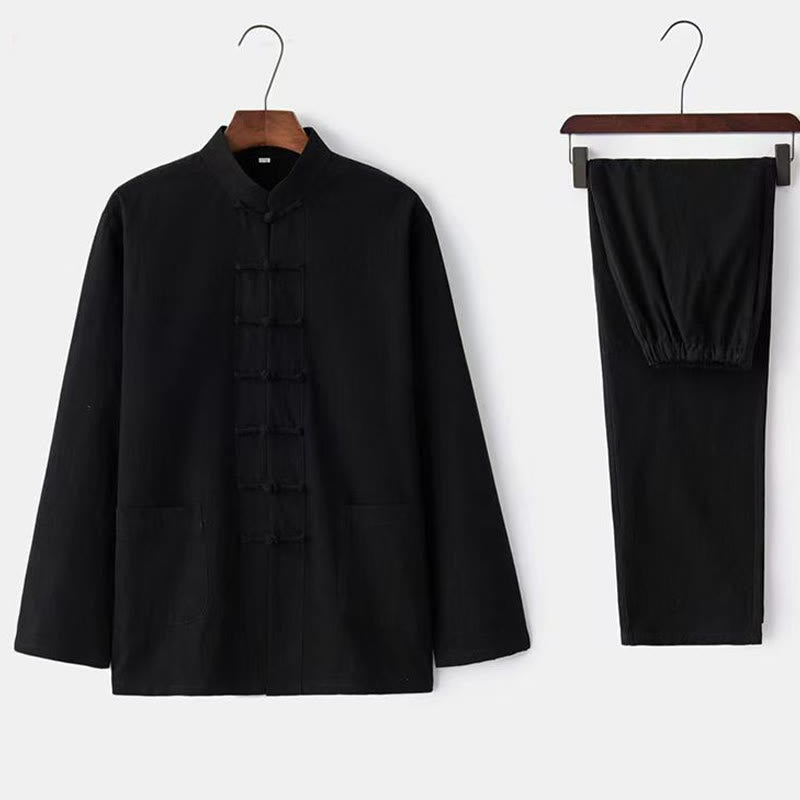 Buddha Stones 2点セット 唐装 伝統 カエルボタン ユニフォーム 長袖 シャツ パンツ メンズ セット - 黒 - US/UK/AU44、EU54 (5XL) - image 3