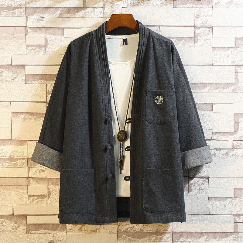 Buddha Stonesメンズ 蛙ボタン 唐装 七分袖 ポケット付き着物 - 黒 - US/UK/AU46、 EU56 (5XL) - image 0