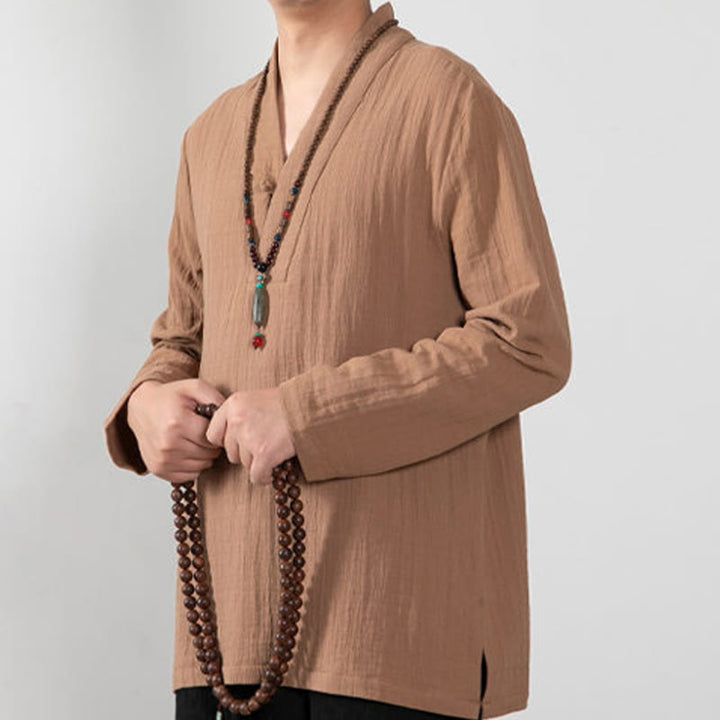 Buddha Stones秋 シンプル Vネック 長袖 Tシャツ コットン メンズ 服 - image 5