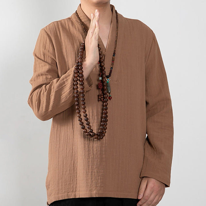 Buddha Stones秋 シンプル Vネック 長袖 Tシャツ コットン メンズ 服 - image 4