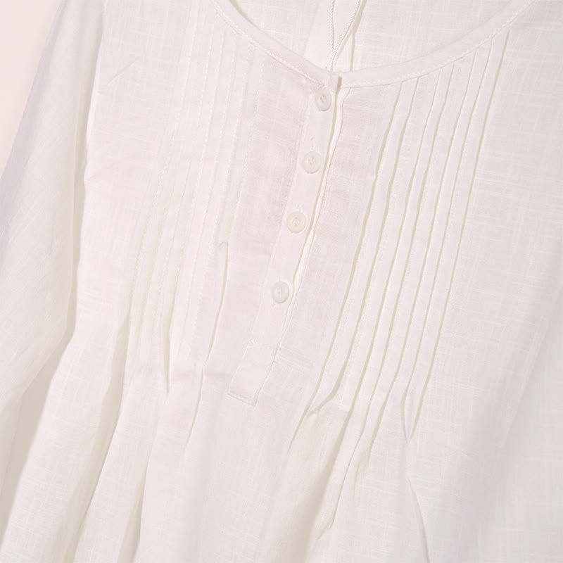 Buddha Stonesラウンドネック カジュアル プリーツ 長袖シャツ コットンリネン レディース シャツ - image 7